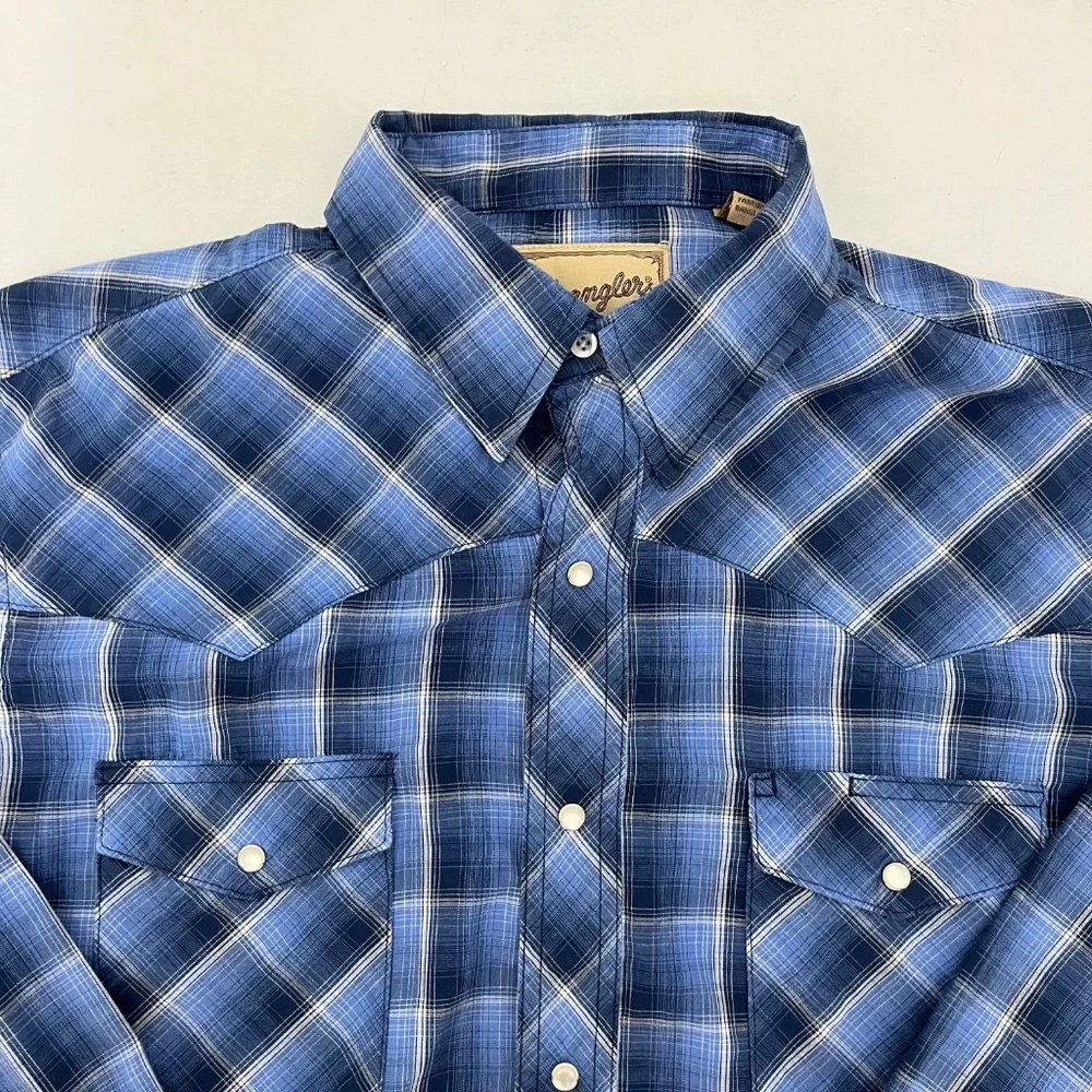 Wrangler Western Shirt Mens Large Blue Preppy Plaid Snap Button Up Long Sleeve - Picture 2 of 9